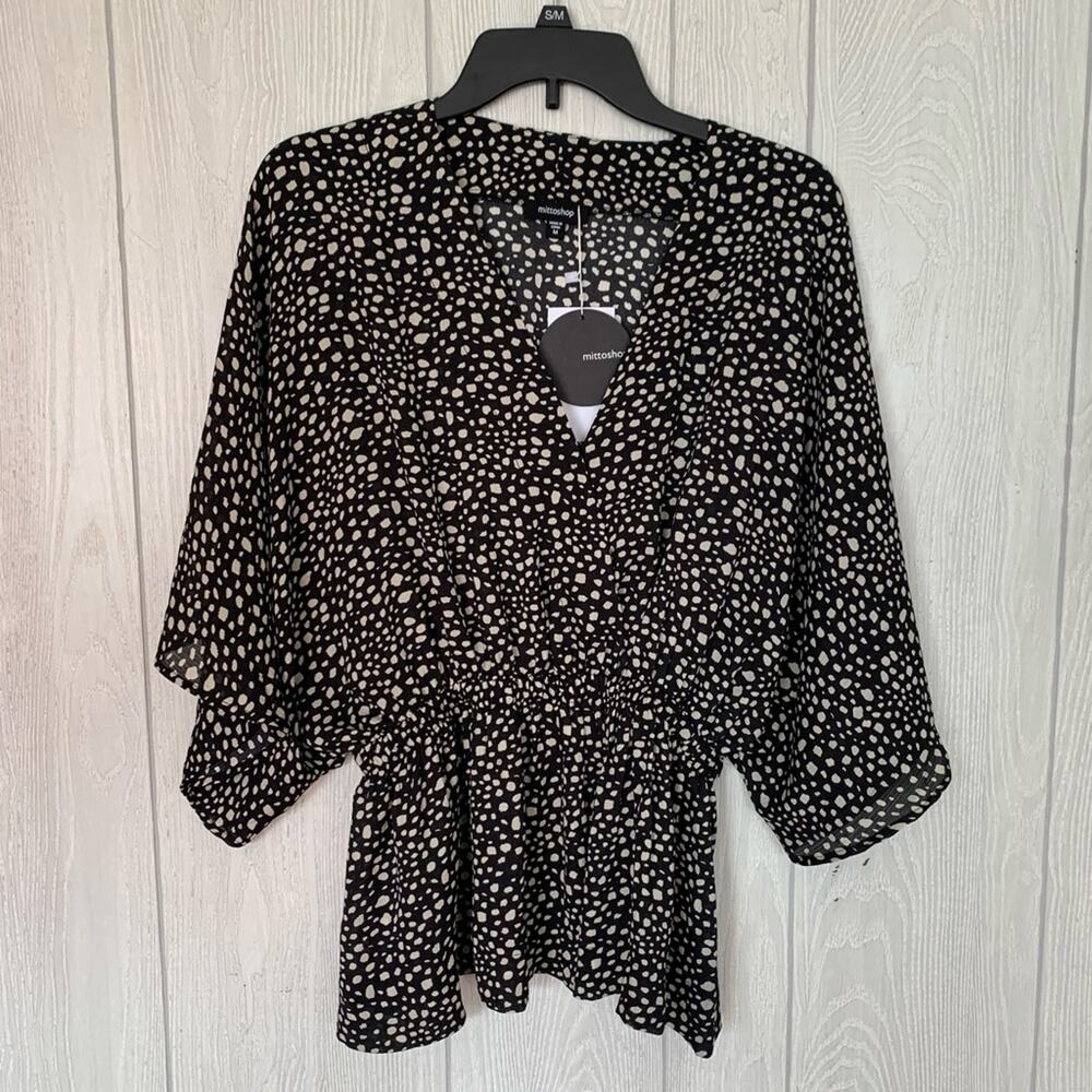 Mittoshop Faux Wrap Black Cream Blouse Large NWT